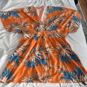 Cupshe Orange Mini Dress with Blue and Cream Tropical Leaves